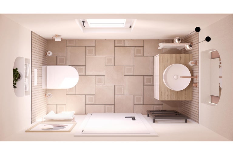 Vogelperspectief van een badkamer met toilet, wastafel, douche en decoratieve elementen