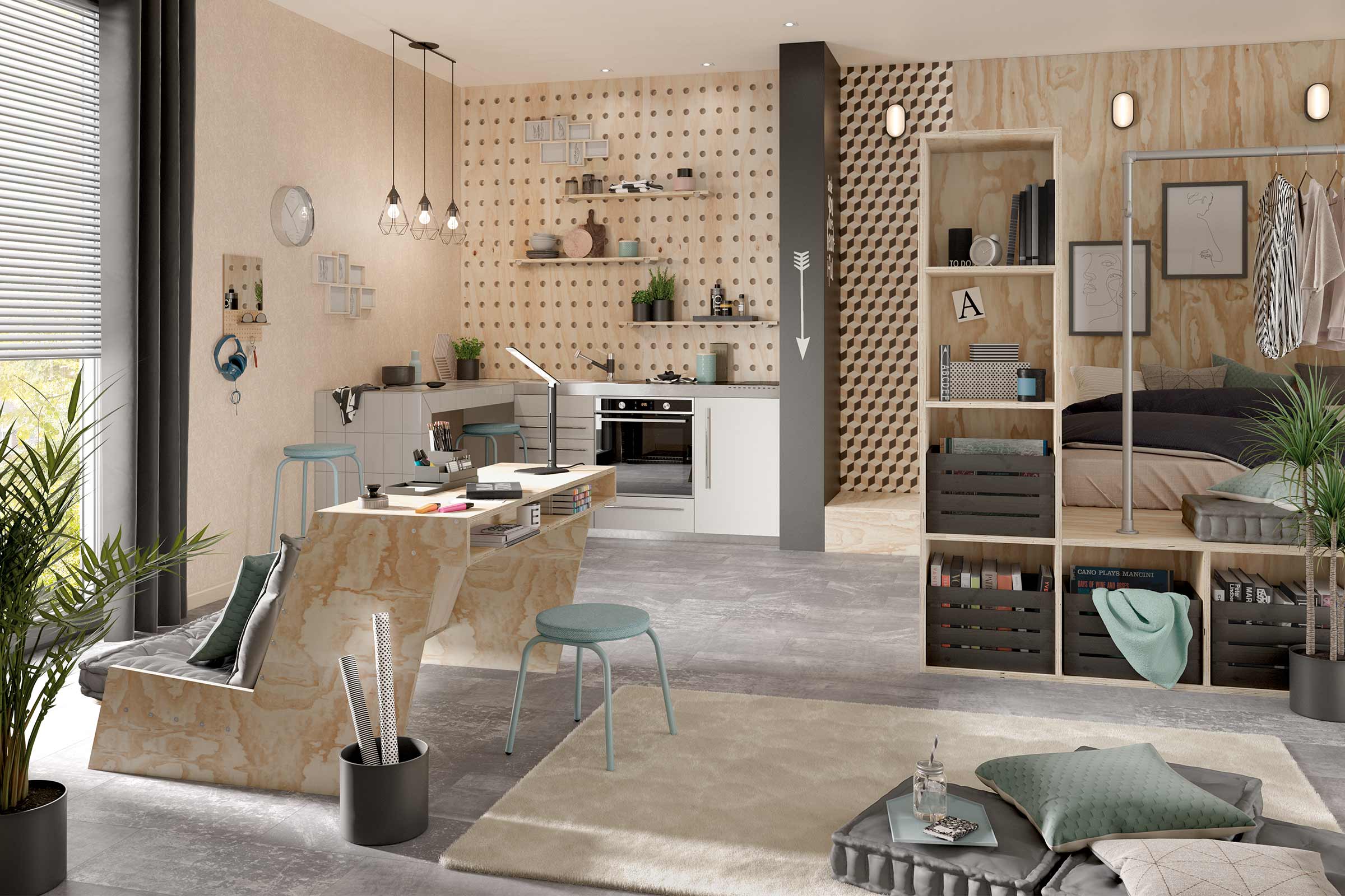 Licht interieur met kantoor, keuken en slaapgedeelte in een modern design