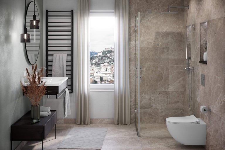 Lichte badkamer met douche, wastafel, spiegel en handdoekradiator