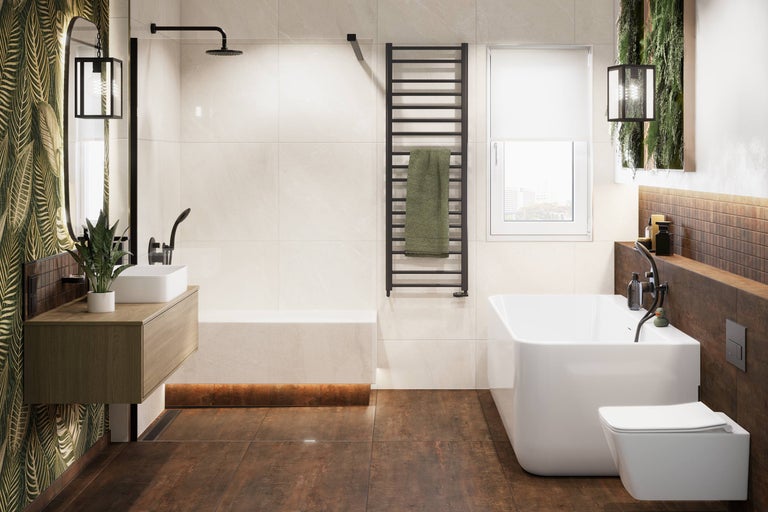 Moderne badkamer met ligbad, wastafel en handdoekradiator