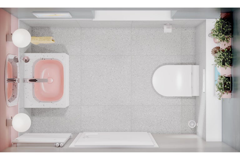 Bovenaanzicht van een badkamer met wastafel, toilet en douche