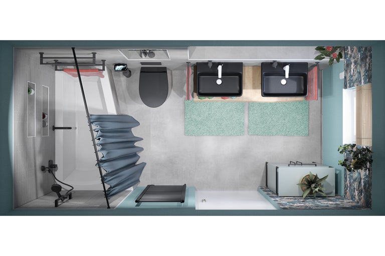 Bovenaanzicht van een badkamer met bad, douche, twee wastafels en toilet