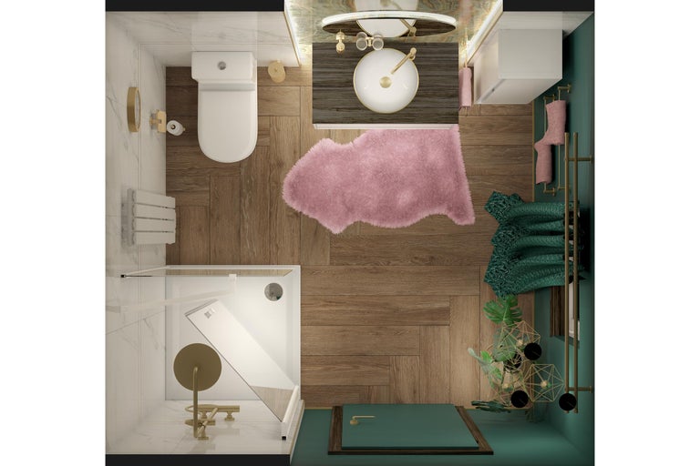 Bovenaanzicht van een badkamer met douche, toilet, wastafel en accessoires