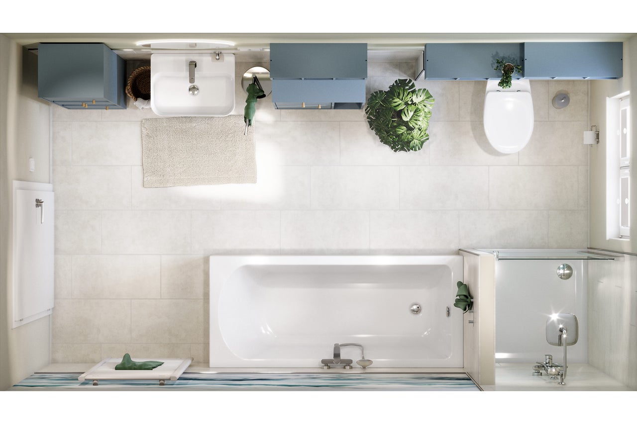 Badkamer met bad, wastafel, toilet en blauwe kasten in bovenaanzicht