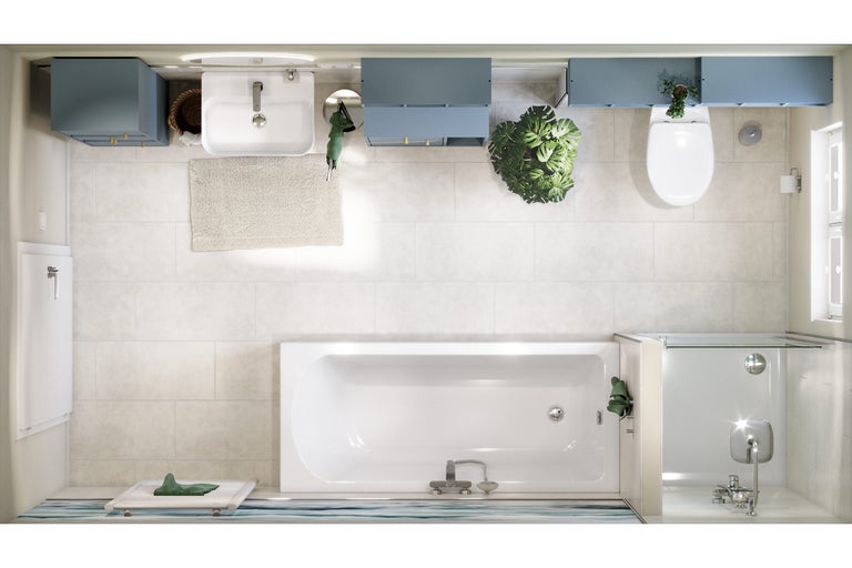 Badkamer met bad, wastafel, toilet en blauwe kasten in bovenaanzicht