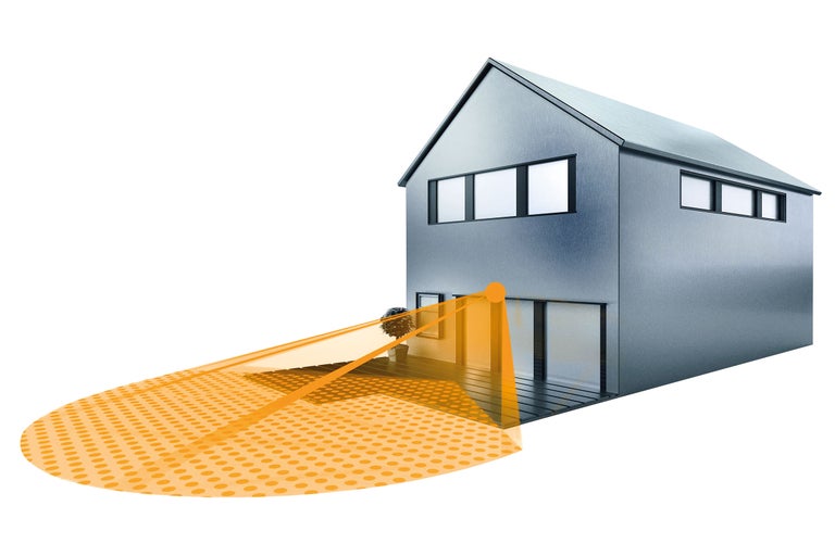 Illustratie van een huis met detectiebereik van een bewegingsmelder