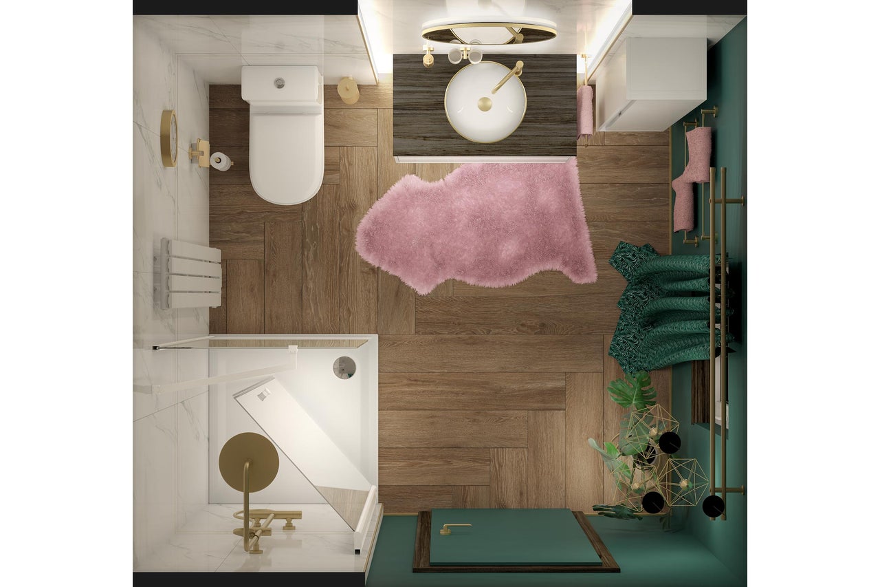 Bovenaanzicht van een badkamer met toilet, wastafel, douche en accessoires