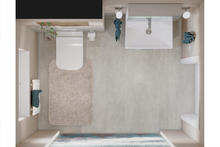 Bovenaanzicht van een badkamer met toilet, wastafel, handdoekradiator en badmat