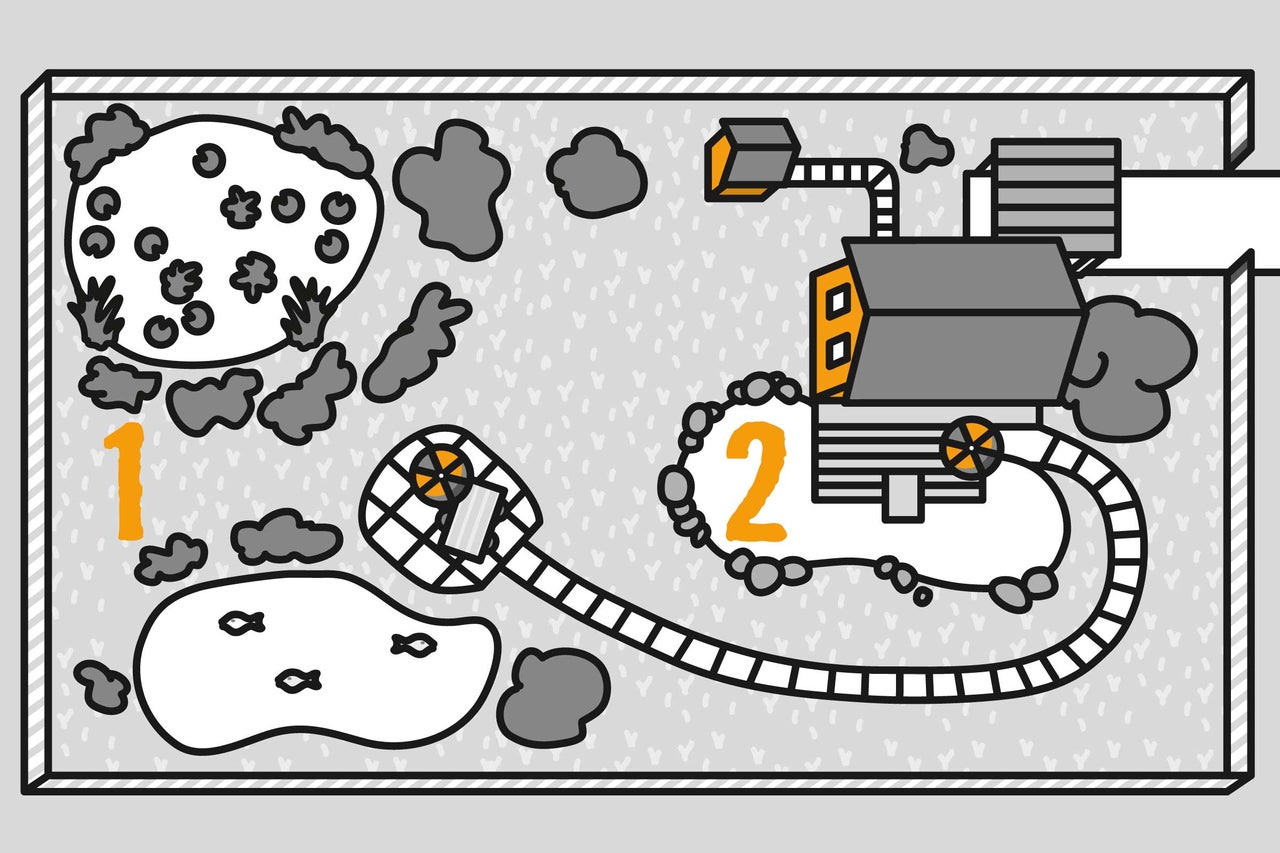 Illustratie van een tuin met vijver en huis
