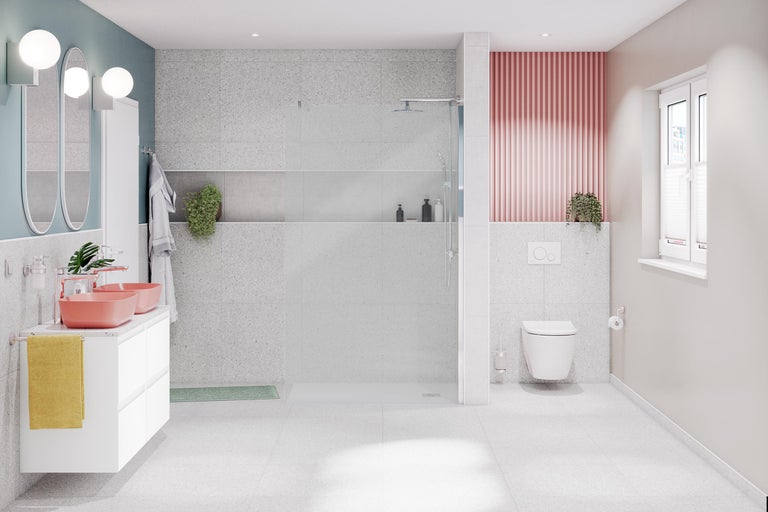 Lichte badkamer met douche, wastafelmeubel met dubbele wastafel en toilet