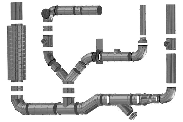 Illustratie van ventilatiebuizen en fittingen voor installatie
