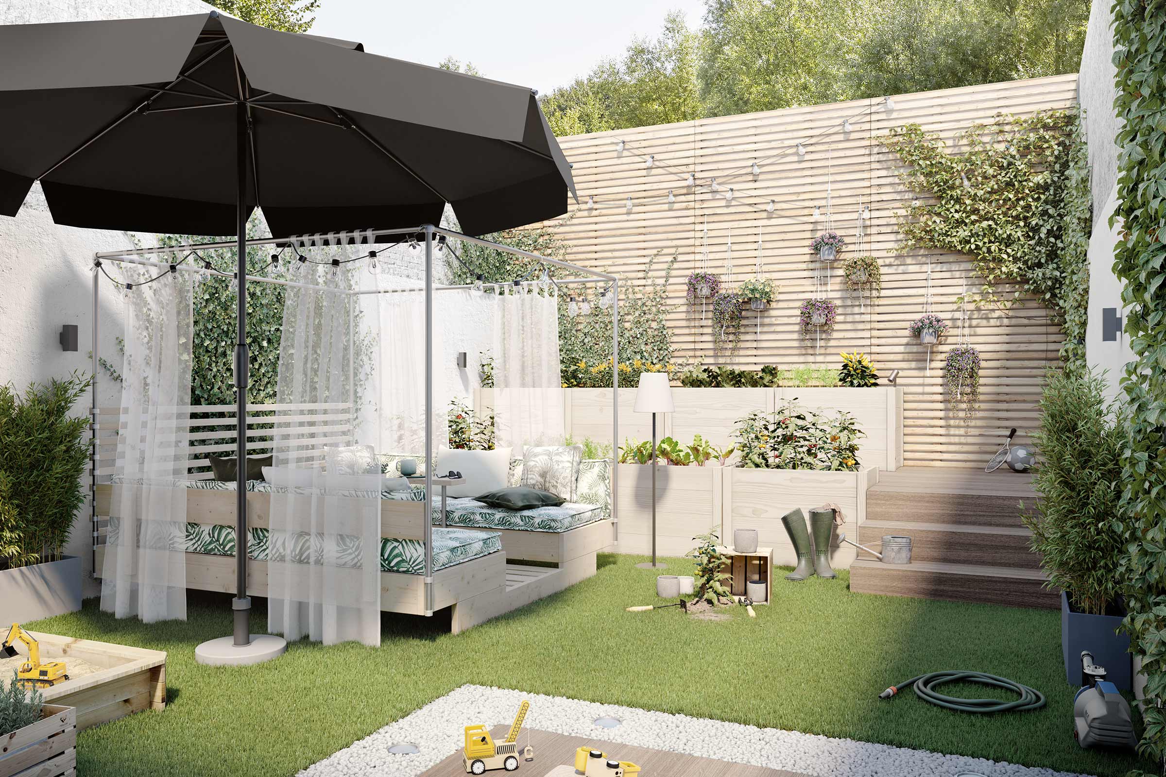 Lichte tuinscène met parasol, tuinbed met gordijnen, verhoogde bedden, zandbak en tuingereedschap op gazon