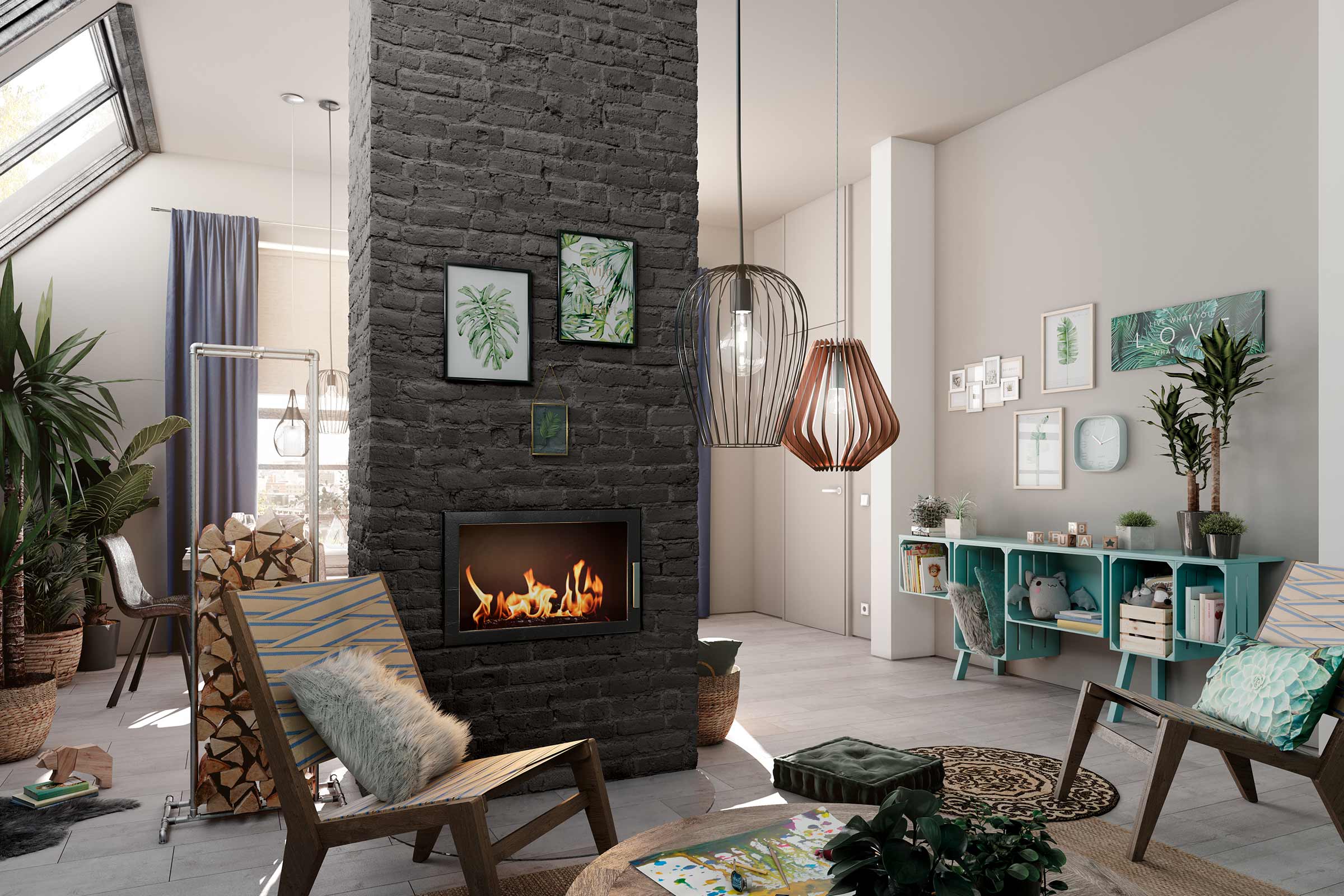 Woonkamer met gemetselde open haardmuur, decoraties en houten zitmeubelen.