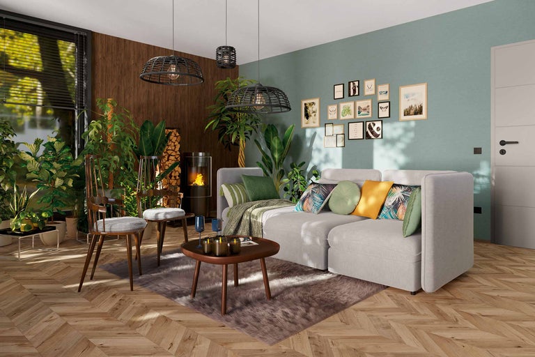 Woonkamer met bank, salontafel, kachel en decoraties voor een gezellige sfeer