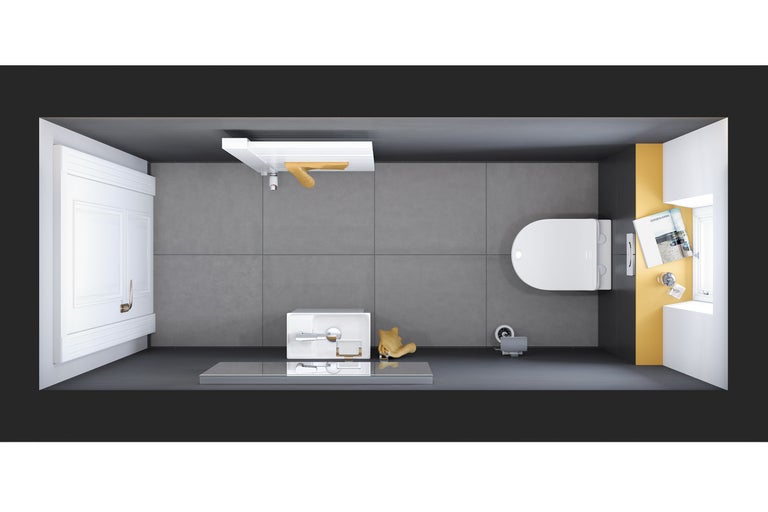 Bovenaanzicht van een badkamer met toilet, wastafel en handdoekrek