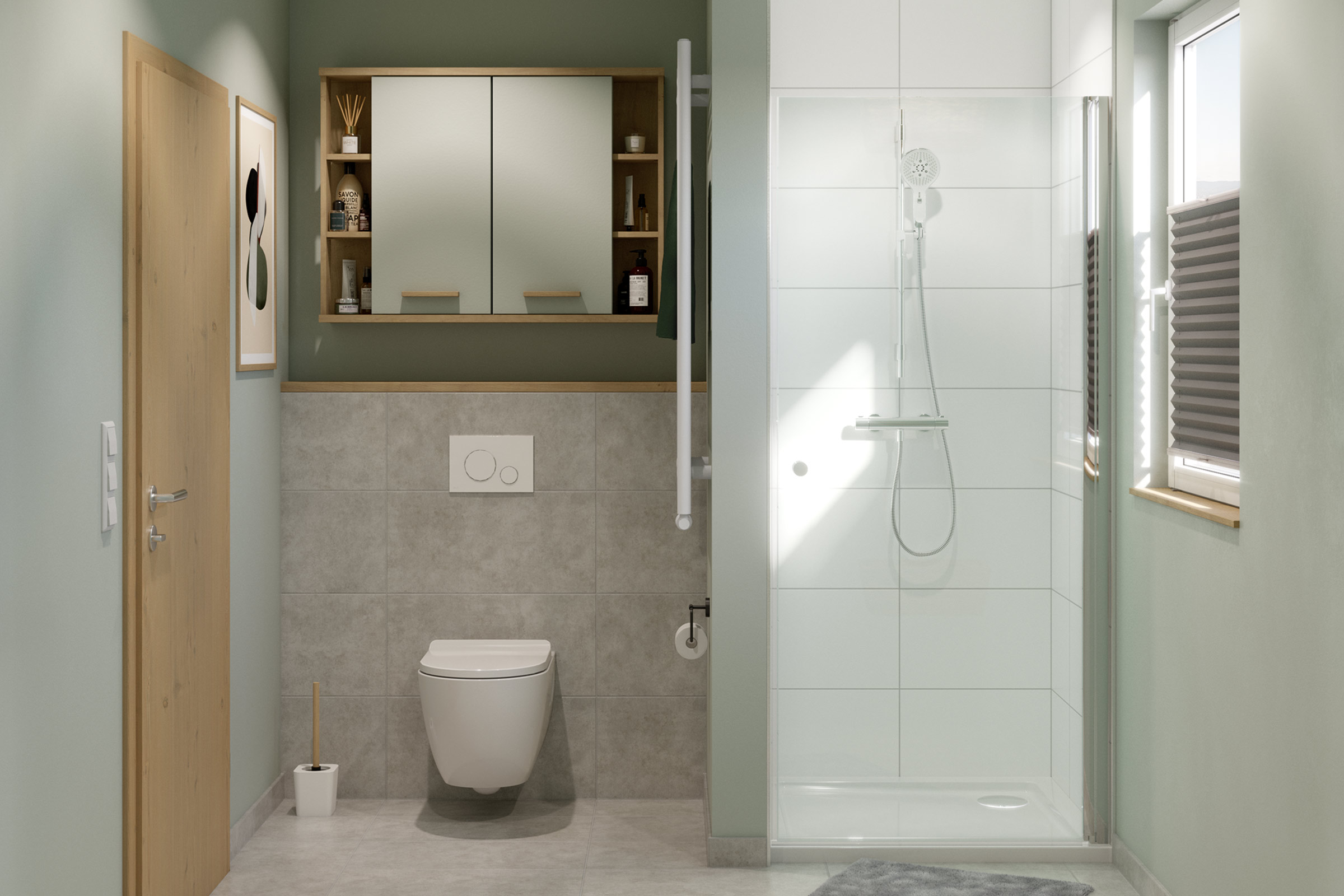 Moderne badkamer met douche, toilet en spiegelkast