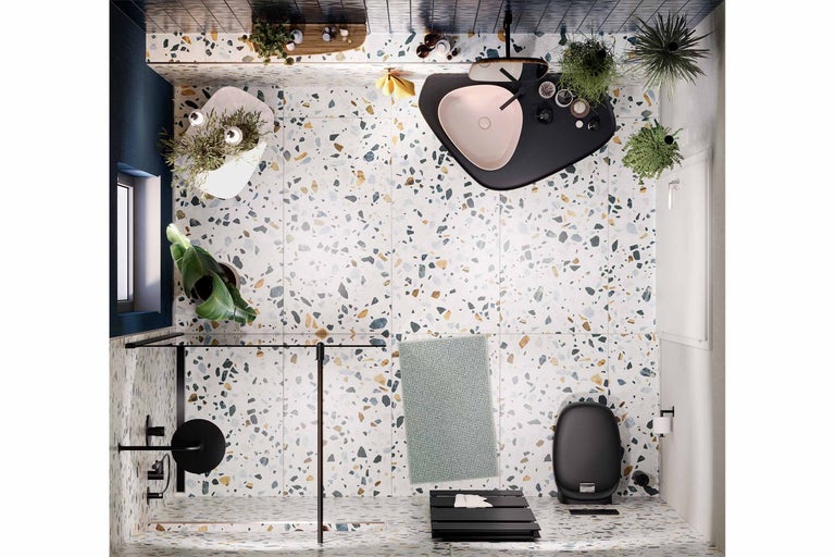 Badkamer met douche, wastafel, toilet en terrazzo vloer