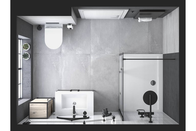 Gedetailleerde weergave van een badkamer met toilet, wastafel, douche en decoraties.