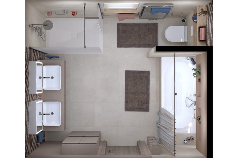 Bovenaanzicht van een badkamer met douche, bad, wastafel en toilet.