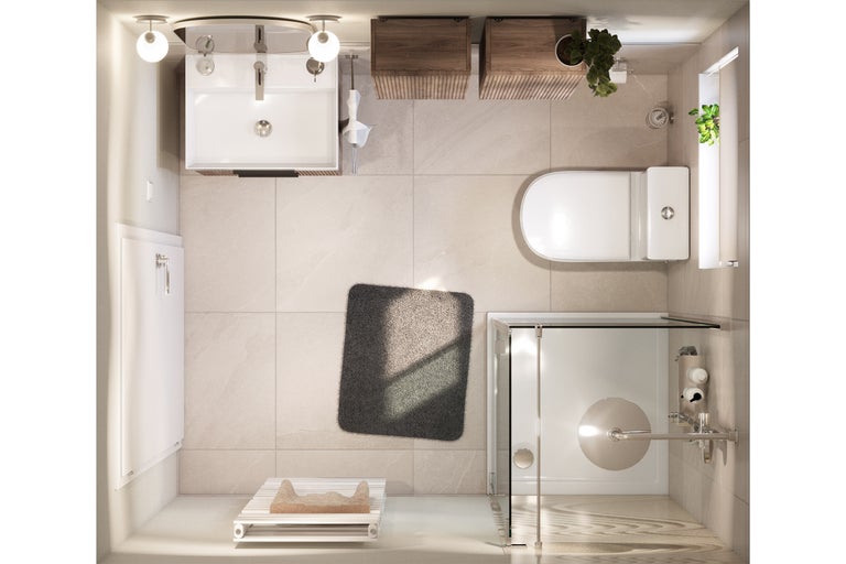 Vogelvlucht van een badkamer met wastafel, toilet, douche en badmat