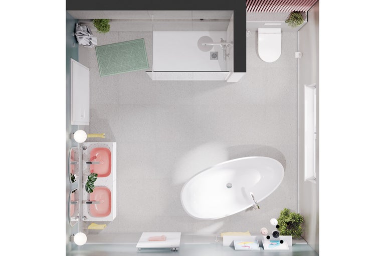 Vogelperspectief van een badkamer met douche, toilet, wastafel en bad