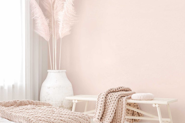 Lichte interieurdecoratie met bank, deken en vaas met pampasgras