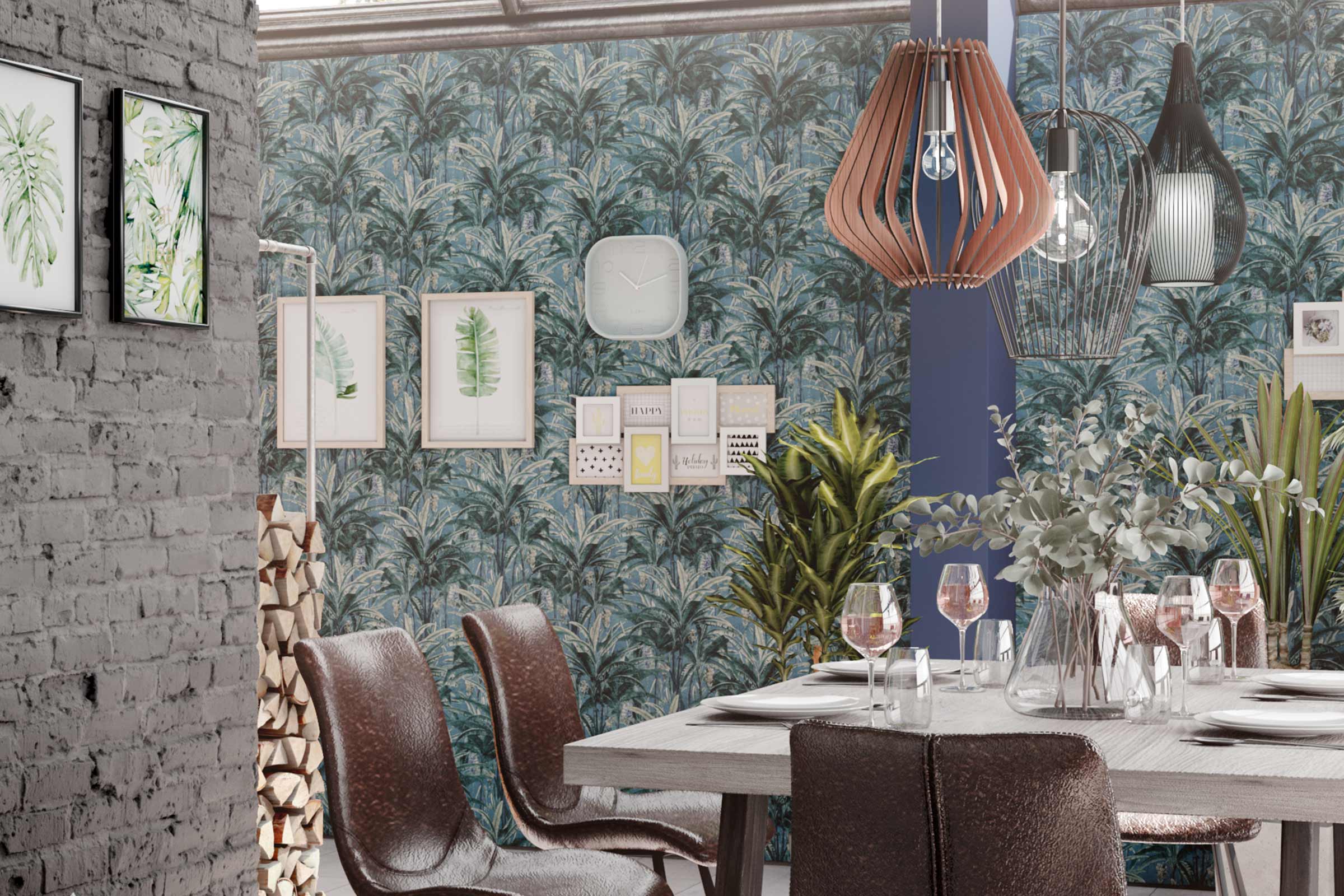 Eetkamer met eettafel, stoelen, decoratie, wandbehang met plantmotieven en hanglampen