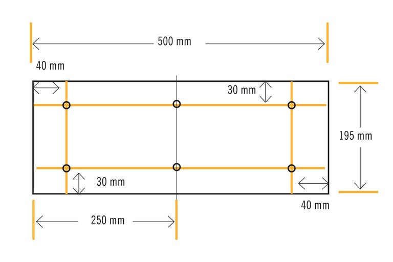 Schematische weergave met afmetingen: 500 mm lengte, 195 mm hoogte, 40 mm en 30 mm afstanden