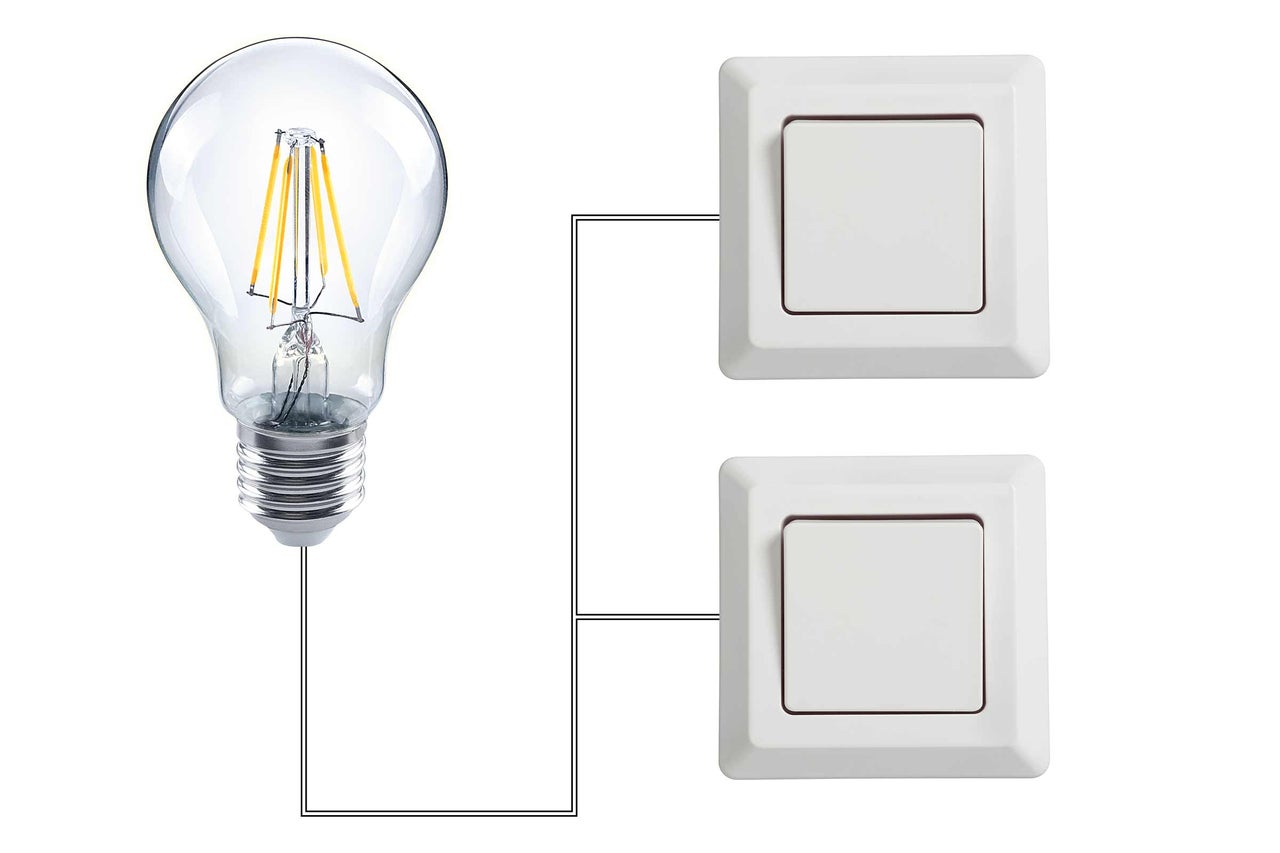 Schakelschema met gloeilamp en twee schakelaars
