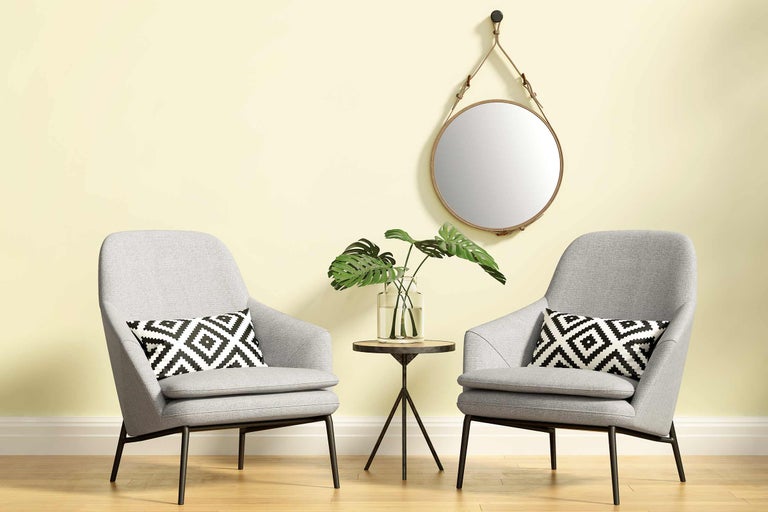 Twee fauteuils met kussens, een tafeltje met een plant en een ronde spiegel aan de muur.