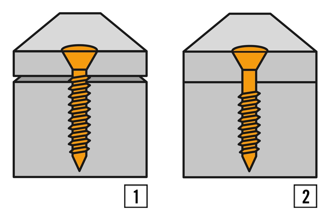 Illustratie toont een schroef in een houten plank met een spleet en een schroef in een houten plank zonder spleet.