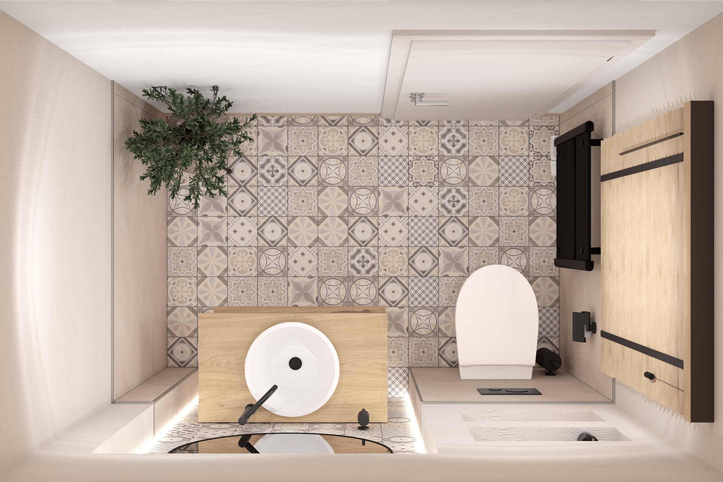 Badkamer met wastafel, toilet en radiator voor een wandtegel met patroon