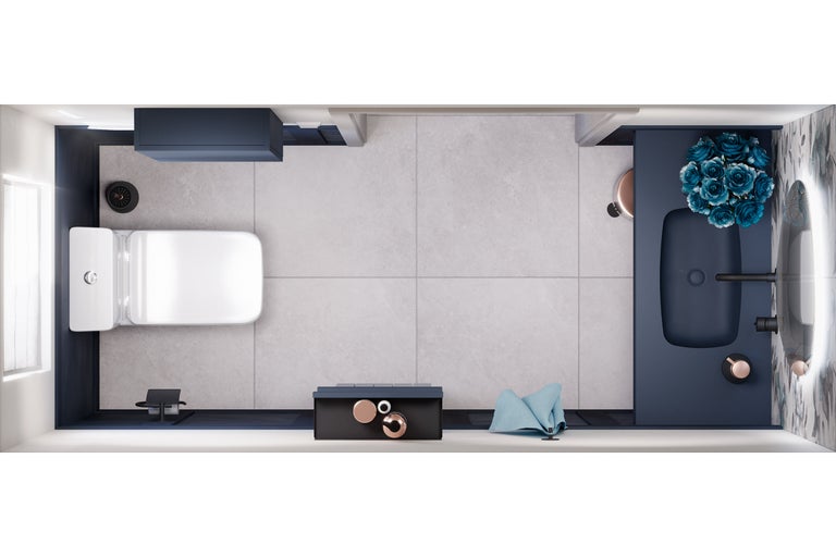 Vogelperspectief van een badkamer met toilet, wastafel en badkamermeubels