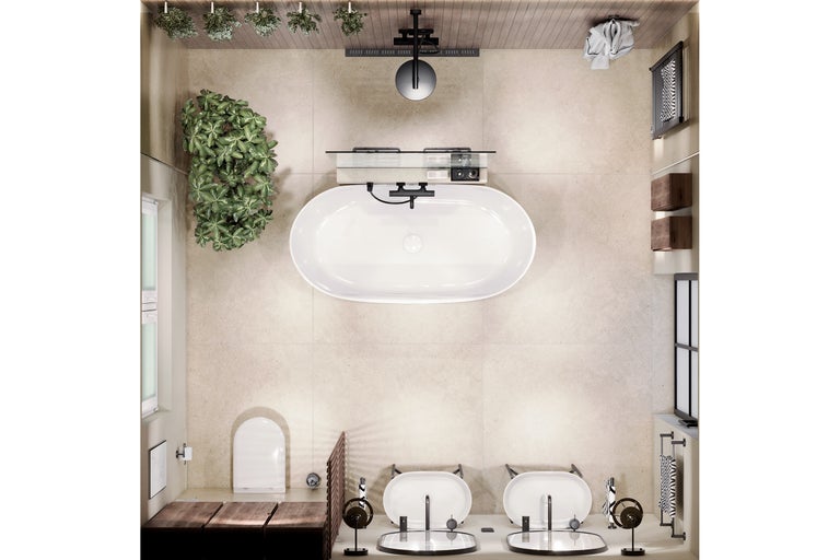 Bovenaanzicht van een badkamer met bad, wastafels en planten.