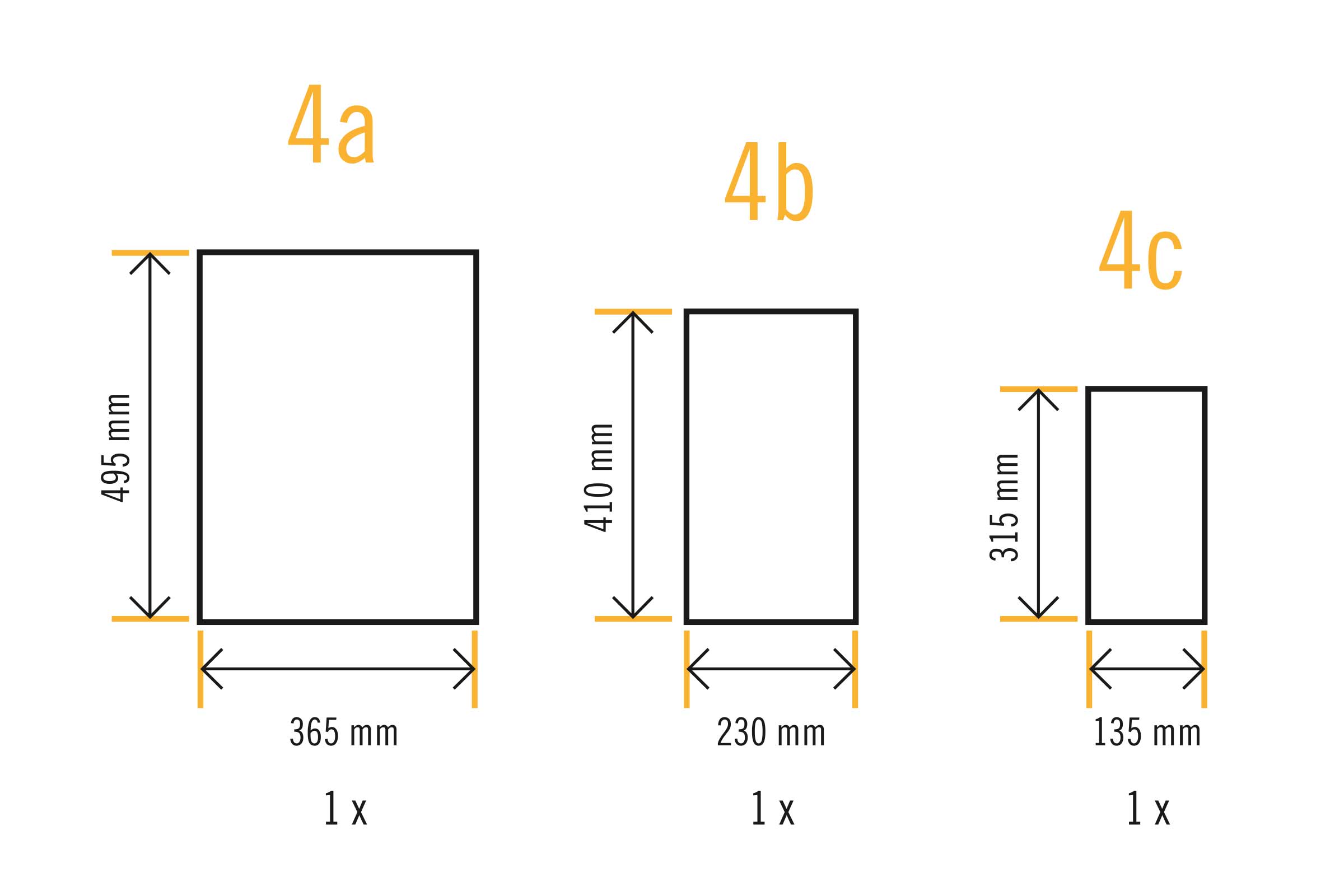 Afmetingen van drie rechthoekige platen: 4a (495 mm x 365 mm), 4b (410 mm x 230 mm), 4c (315 mm x 135 mm)