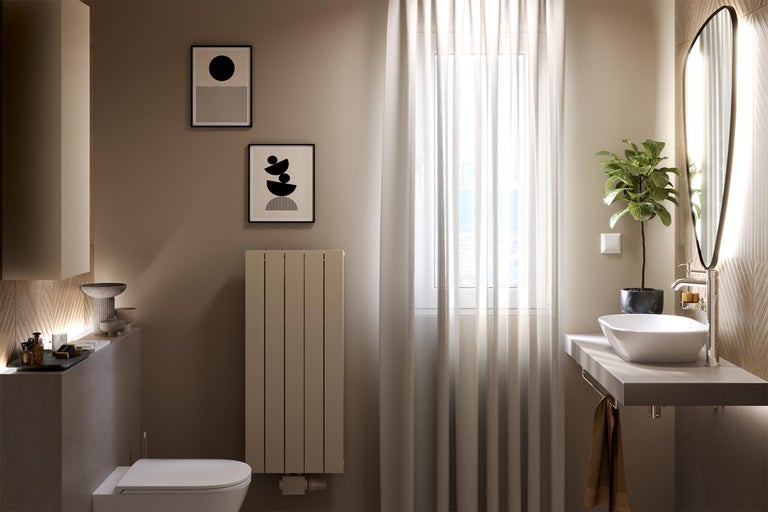Moderne badkamer met wastafel, radiator, spiegel en decoratie