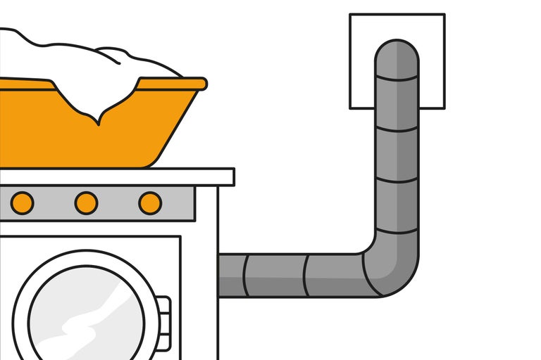 Illustratie van een wasmachine met wasmand en luchtafvoerslang