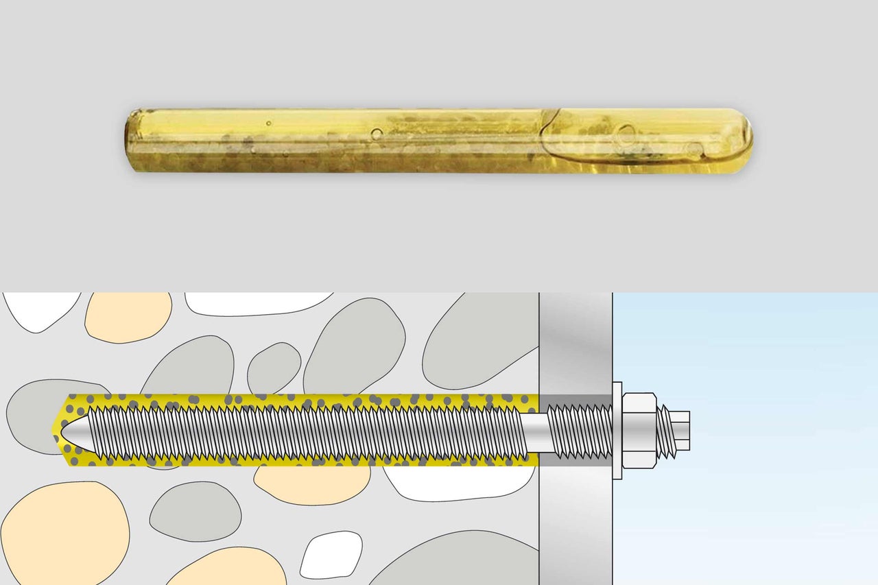 Injectiemortelpatroon en schematische weergave van een ankerbevestiging in metselwerk