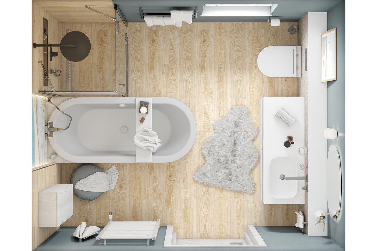 Bovenaanzicht van een moderne badkamer met houtlook vloer, vrijstaand bad, douche, wastafelmeubel en toilet in een licht, georganiseerd ontwerp.