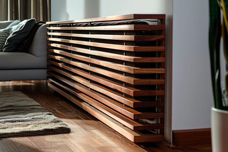 Houten bekleding voor een radiator in een woonkamer