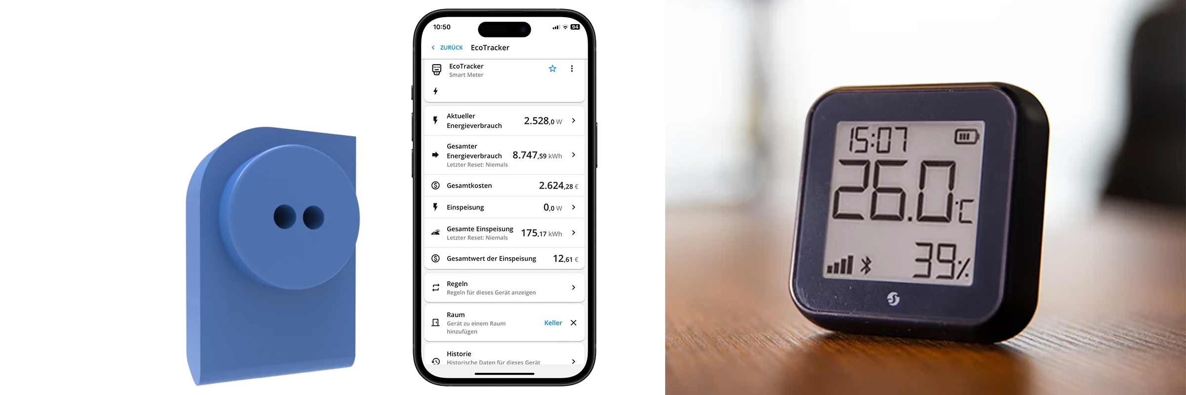 Close-up van een slimme energiemeter, een smartphone-app met energieverbruiksgegevens en een digitale thermometer.