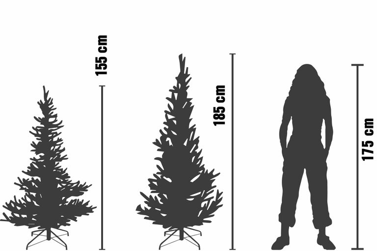 Maatvergelijking van twee kunstkerstbomen van 155 centimeter en 185 centimeter hoog vergeleken met een persoon van 175 centimeter hoog
