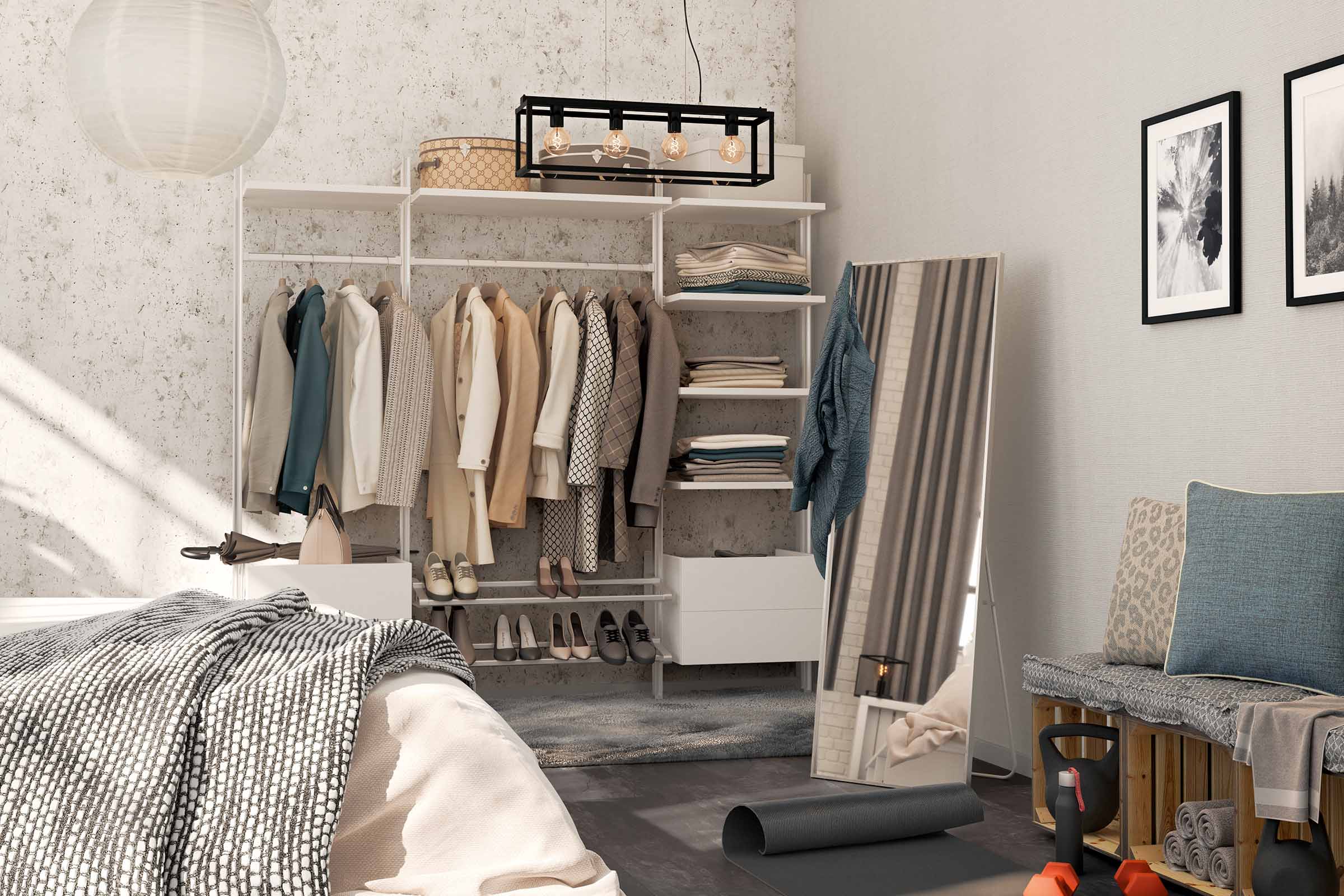 Lichte ruimte met open kledingkast, bed en sportuitrusting voor een actieve levensstijl.