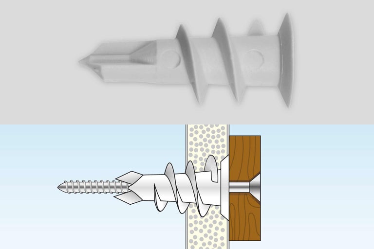 Kunststof spreidplug met schroef en schematische tekening