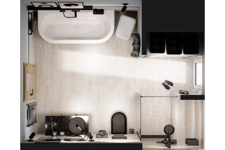 Bovenaanzicht van een badkamer met ligbad, wastafel, spiegel, handdoekradiator en sporttoestellen