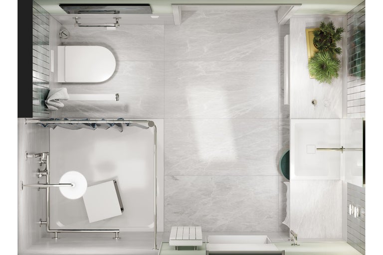 Bovenaanzicht van een badkamer met toilet, douche en wastafel