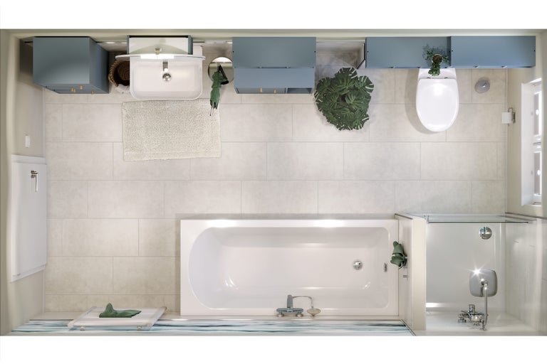 Bovenaanzicht van een badkamer met ligbad, toilet, wastafel en badkamermeubels.