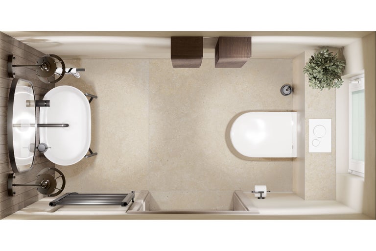 Bovenaanzicht van een lichte badkamer met bad, toilet en wastafel