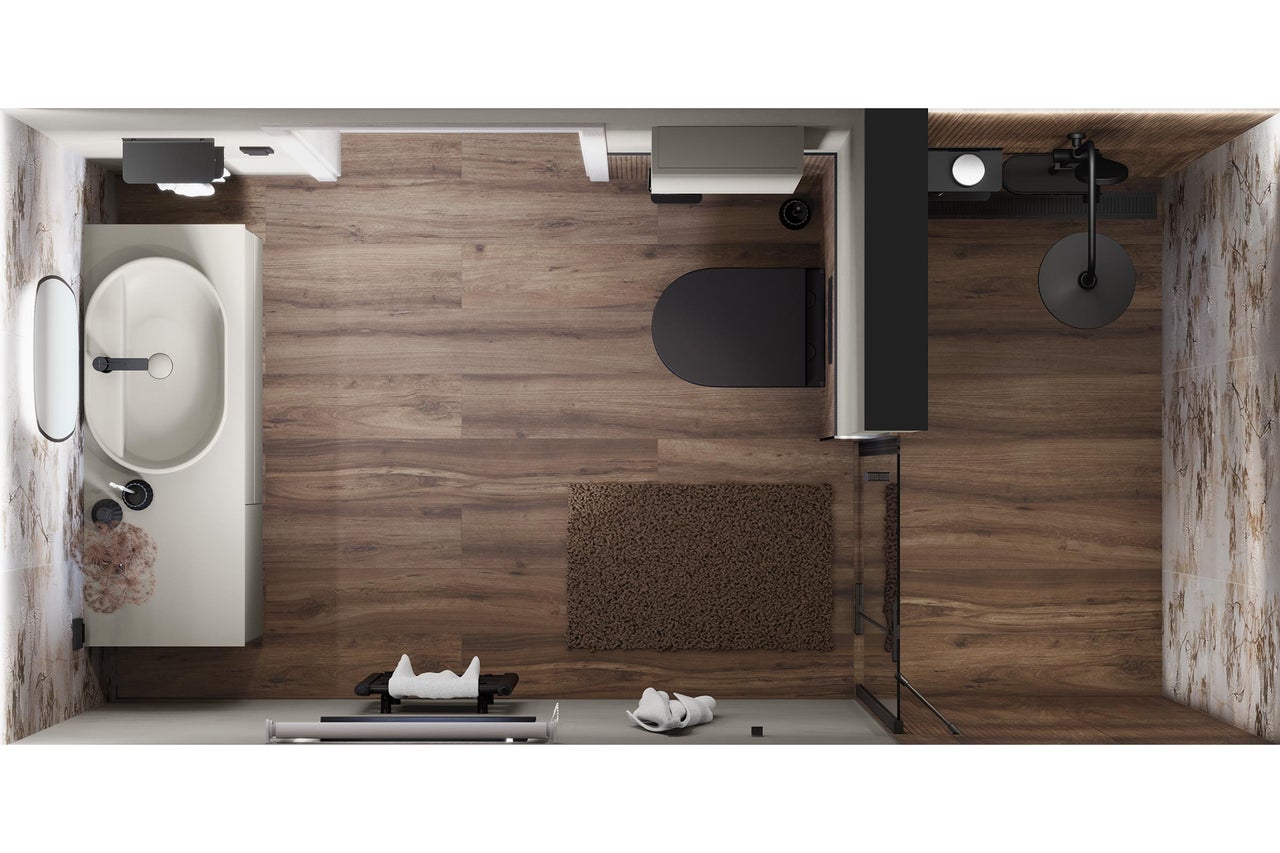 Bovenaanzicht van een badkamer met wastafel, toilet, douche en houten vloer