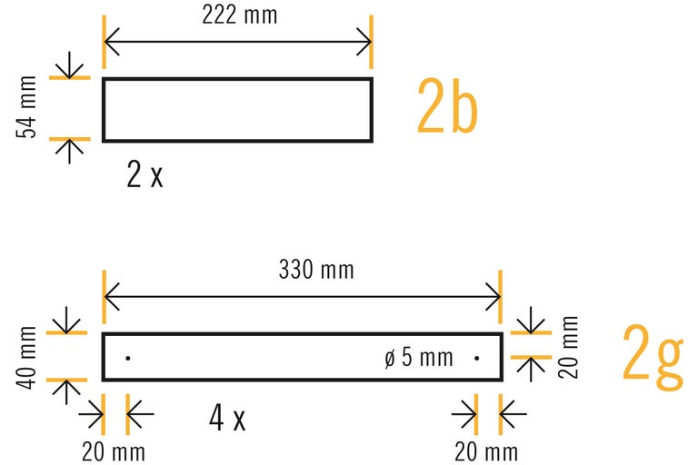 Technische tekening met de afmetingen van artikelen 2b en 2g